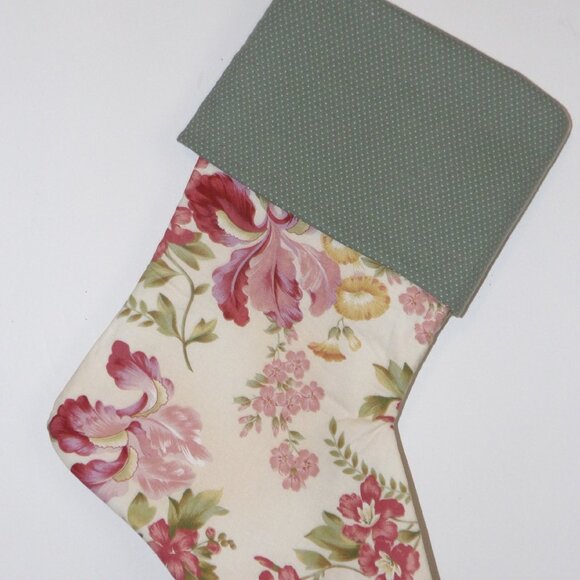 Colorful Pink Flowers 14" Hand Crafted Christmas Stocking Pink Ribbon to Hang En - Picture 2 of 3